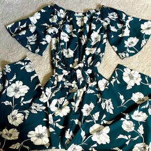 Floral S Teal Forest Green Floral Tie Jumpsuit Wide Leg Pant